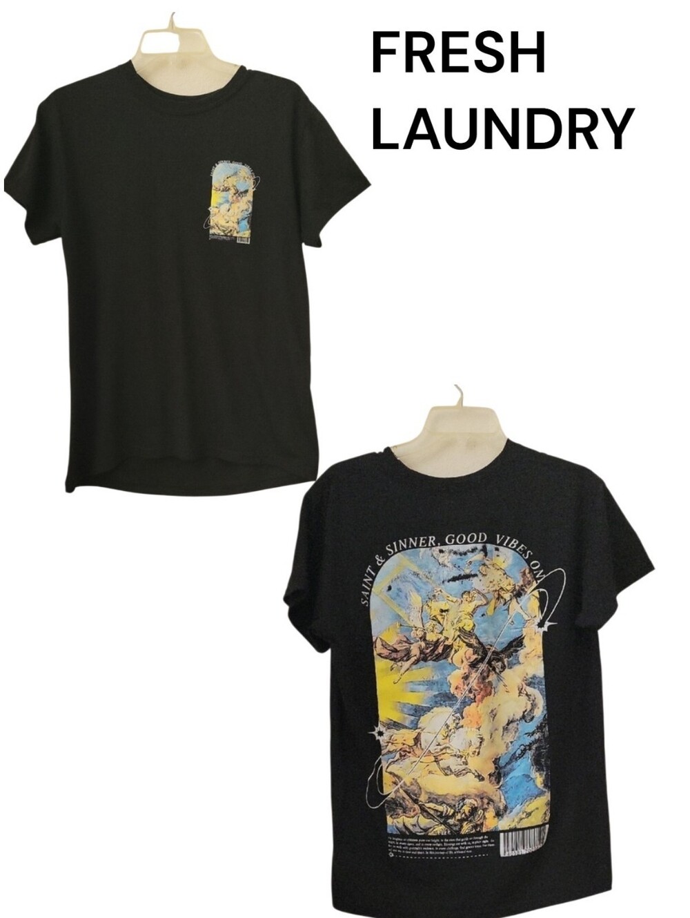 Fresh Laundry "SAINT & SINNER, GOOD VIBES ONLY" Men's Graphic Tee, M, Black, EUC